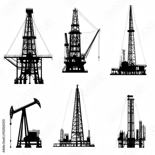 Black Silhouette of Oil Drilling Rigs in Row