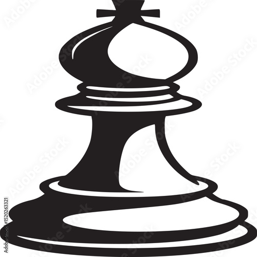 Isolated black and white illustration of a chess bishop piece on a plain white background view from the front