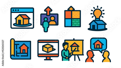 Flat vector icons of architectural visualization: 3D rendering, virtual walkthrough, material sample board, lighting simulation, blueprint overlay, CAD model viewer, architect presentation, design