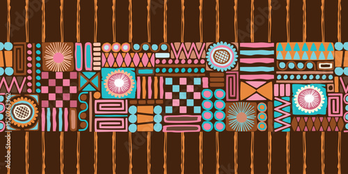 Ethnic hand drawn border and seamless pattern of jagged lines. Geometric background in brown, pink and blue colors. Print on fabric and paper. Vector design for textile, banner, wallpaper.