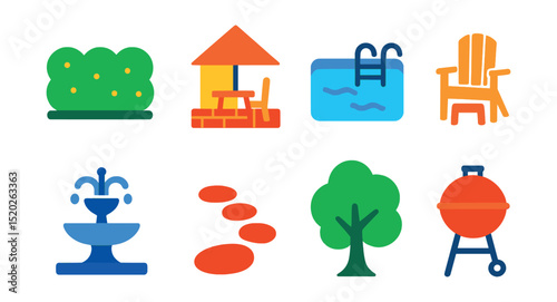Flat vector icons of landscaping and outdoor spaces: garden hedge, backyard patio, swimming pool, outdoor furniture, fountain, walkway stones, tree silhouette, barbecue grill.
