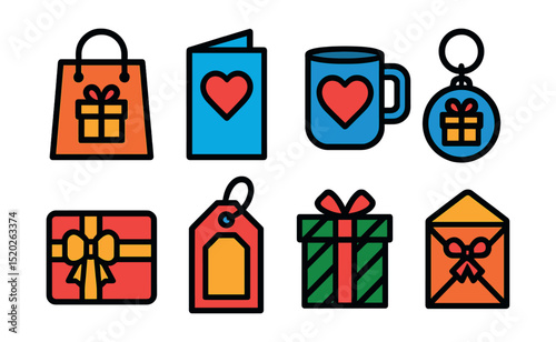Flat vector icons of party favors and gifts: gift bag, thank you card, personalized mug, souvenir keychain, candy box, favor tag, gift wrap, party favor box.