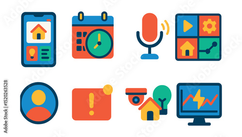 Flat vector icons of smart home control: mobile app dashboard, scheduling calendar, voice command, automation script, user profile, alert notification, device grouping, energy usage monitor.