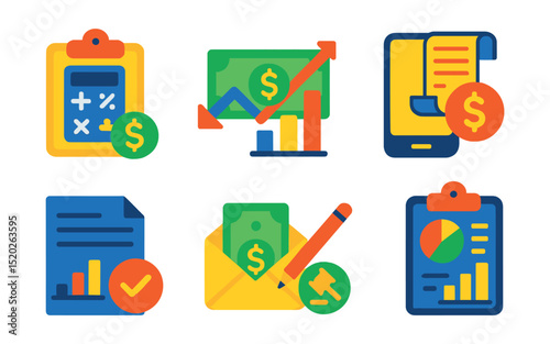 Flat vector icons of financial management: budgeting, cash flow, profit margin, expense tracking, invoice, payroll, tax filing, financial report.