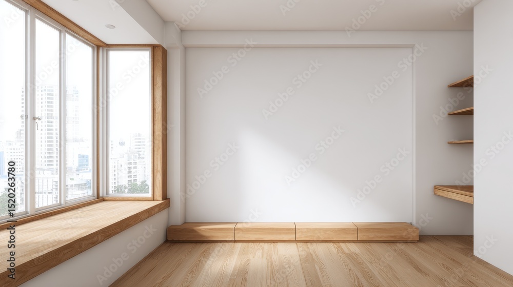 Fototapeta premium Minimalist wooden office corner with clean lines and natural light, embodying modern simplicity and open space harmony.