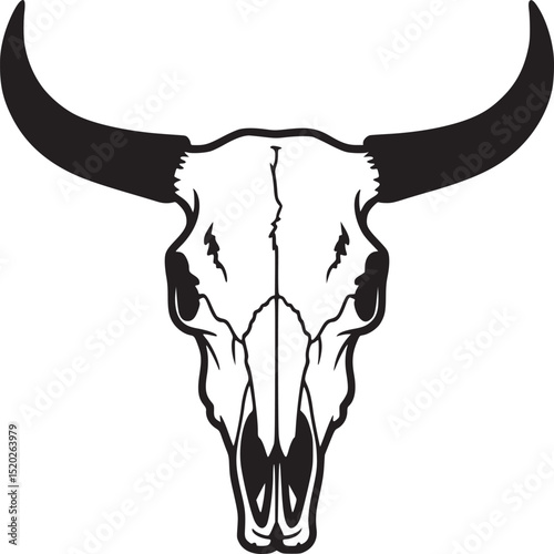 A stylized black and white illustration of a bull skull with curved horns on a plain background