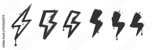 Spray paint graffiti element set of ENERGY Lightning bolt with grungy texture. Grunge ink graphic symbols of flash, danger, energy and thunder isolated on white background for printing on t shirt
