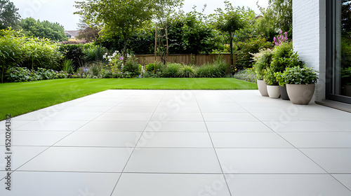 Modern Outdoor Patio With White Tiles And Lush Green Grass