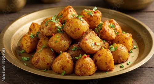 Crispy Golden Potatoes Seasoned with Spices on a Decorative Plate Garnished with Fresh Herbs and Red Chilli Flakes for Delicious Presentation