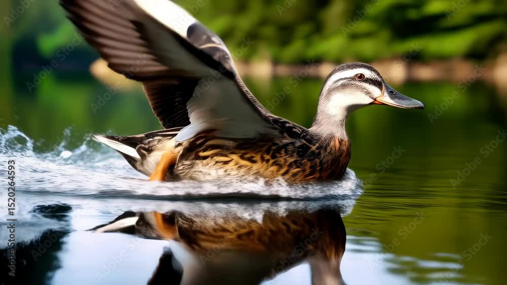 A mallard duck taking off from a peaceful lake surface, wings raised and causing a splash, clear reflection.