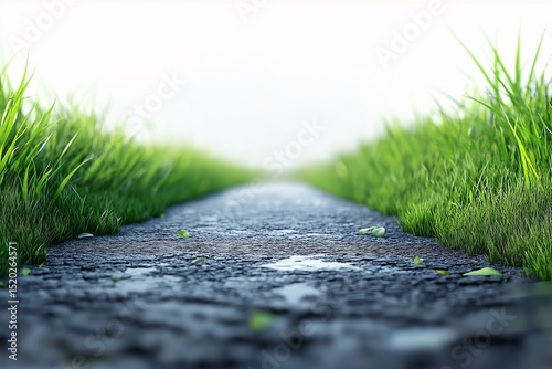 Peaceful Rural Road Pathway with Morning Mist and Lush Green Grass. Tranquil Nature Landscape Scene