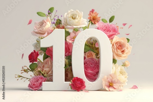 Elegant Number 10 Adorned with Vibrant Roses and Petals on a Light Background, Celebrating Beauty and Harmony, Concept of Floral Design, Decoration, Anniversaries, and Special Events