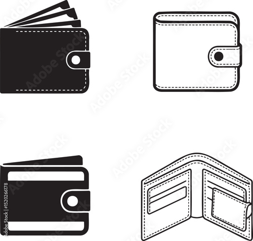 Leather Wallet silhouette set vector illustration isolated On Transparent Background