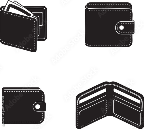 Leather Wallet silhouette set vector illustration isolated On Transparent Background