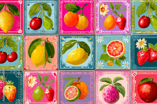 Colorful fruit illustration featuring various fruits arranged in a vibrant grid pattern with floral accents