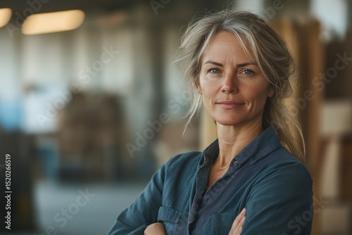 Confident Businesswoman Portrait in Industrial Warehouse. Professional Female Business Owner and Team Leader with Gray Hair, Smiling in Casual Attire, Embracing Leadership and Success