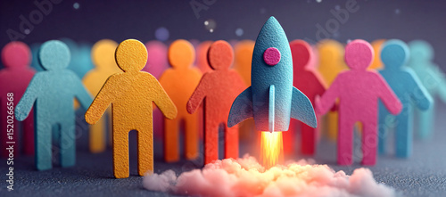 A vibrant blue rocket taking off from a cloud of smoke, with a diverse group of colorful human wooden figures in the background. Concept of startup launch, innovation, and teamwork.