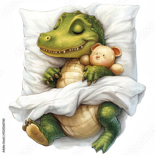 Baby crocodile cuddling plush toy in bed bedtime