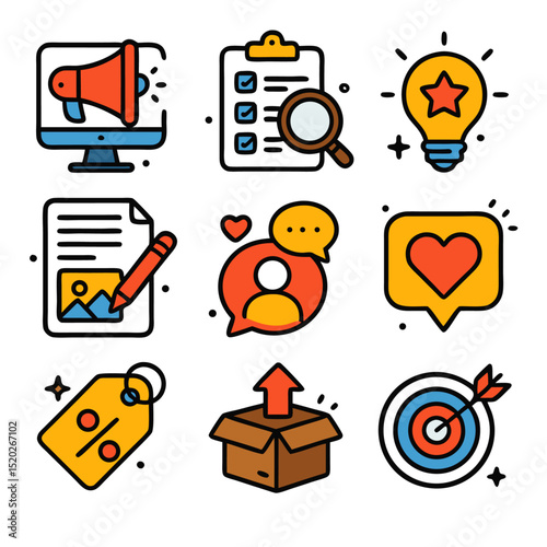 Business marketing visualized with nine online marketing icons, ideal for branding projects, social media posts, and digital advertisements.