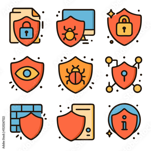 Shield security nine cartoon shields with various icons. Suitable for cybersecurity, data protection, internet safety, and online security concepts.