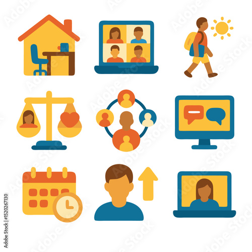 Remote work communication and social interaction icons for digital media, web design, presentations, and businessrelated projects. Ideal for virtual platforms.