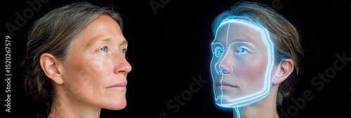 42 year old female patient after genioplasty with a holographic HUD overlay showing glowing depiction of advanced chin projection photo