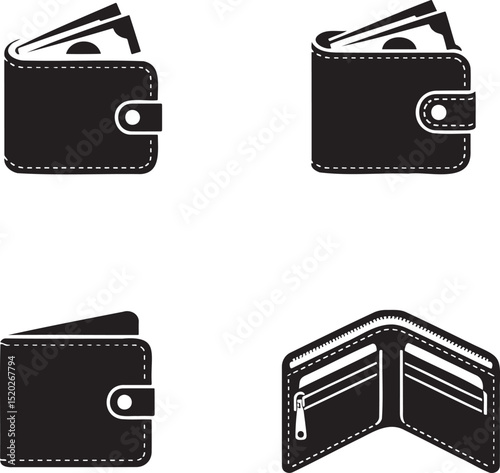 Leather Wallet silhouette set vector illustration isolated On Transparent Background