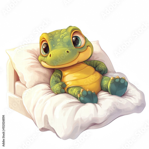 Baby crocodile cuddling plush toy in bed at bedtime