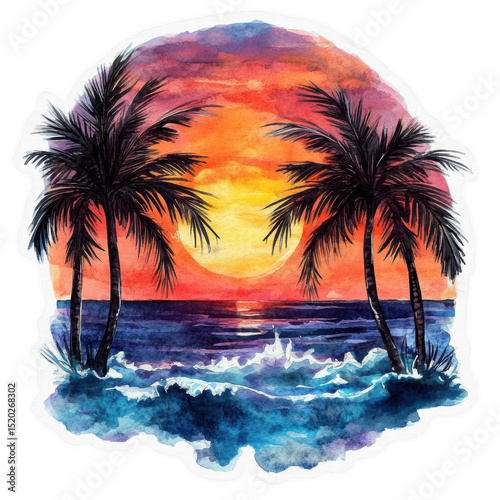 Beach Sunset Scene with Palm Trees and Waves Water