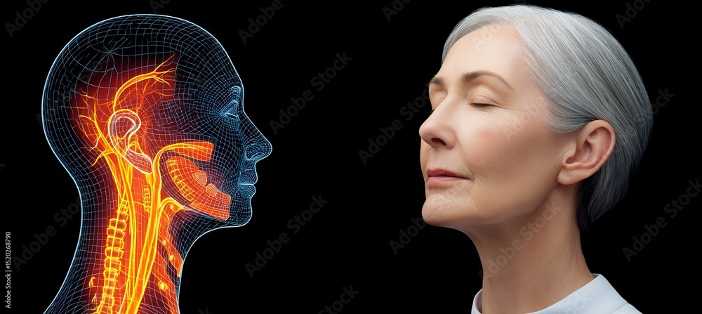 Fototapeta premium 45 year old female post cheek liposuction with a mixed media thermal map cutaway showing glowing depiction of subcutaneous fat removal