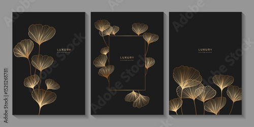Set of luxury templates with golden linear ginkgo biloba leaves on black background. Japanese style line art with branches. Floral pattern. Botanical vector illustration