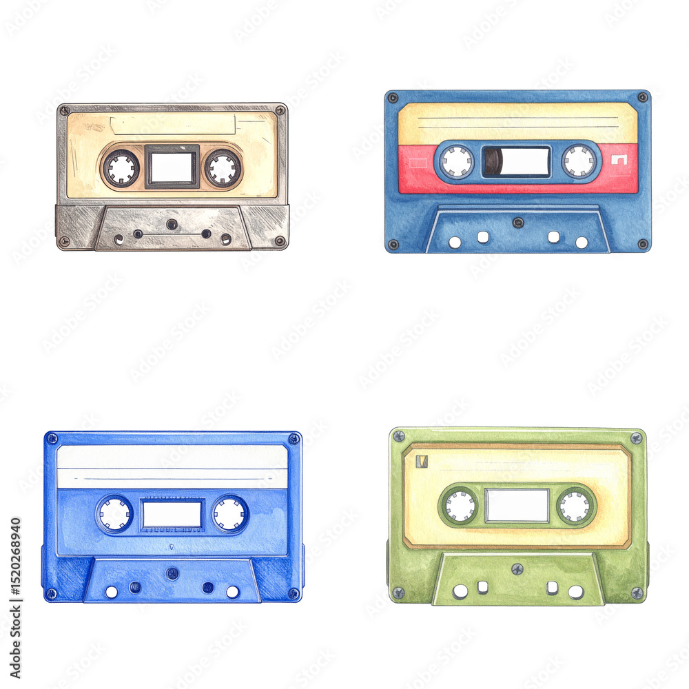 Fototapeta premium Watercolor Retro Cassette Tapes Collection
