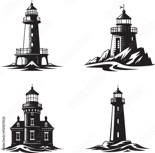 Lighthouse silhouette set vector illustration isolated On Transparent Background