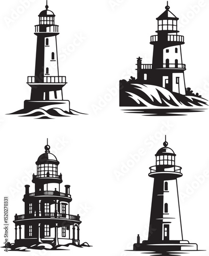 Lighthouse silhouette set vector illustration isolated On Transparent Background