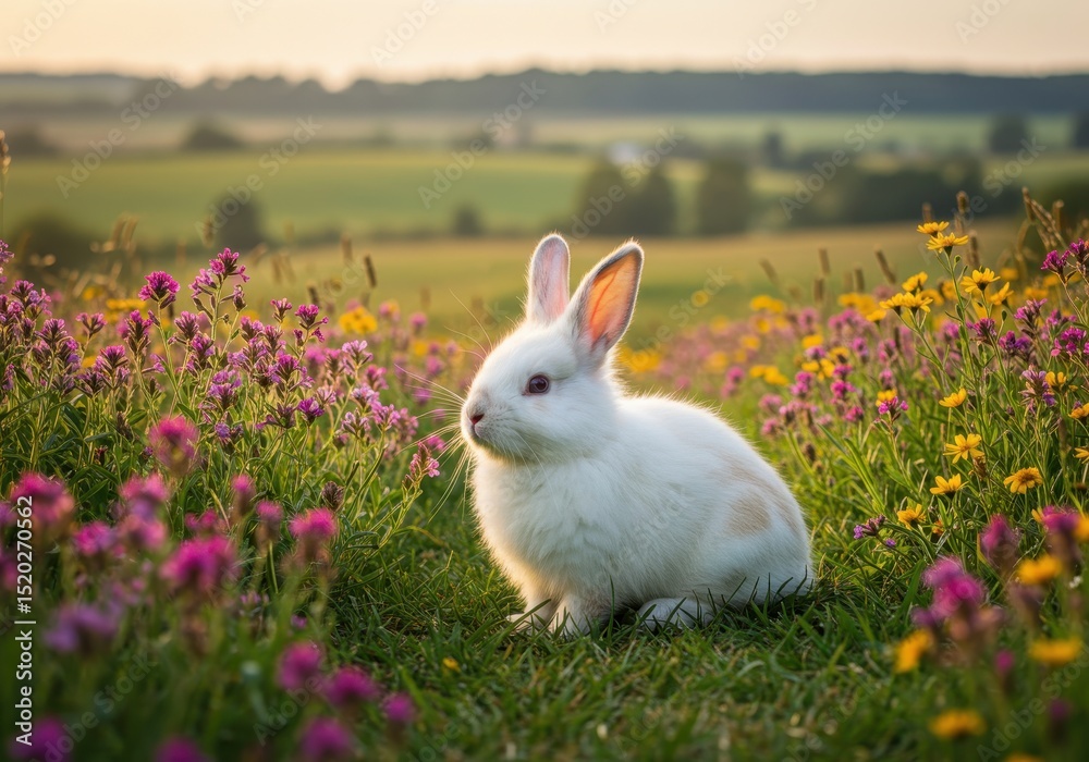 Fototapeta premium White rabbit sitting peacefully among colorful flowers in a serene meadow during sunset, capturing nature’s beauty and tranquility in the countryside