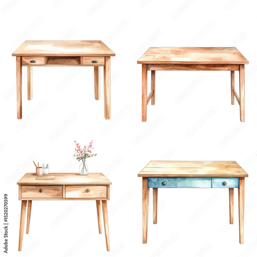 Fototapeta premium Watercolor Wooden Desk Set Collection