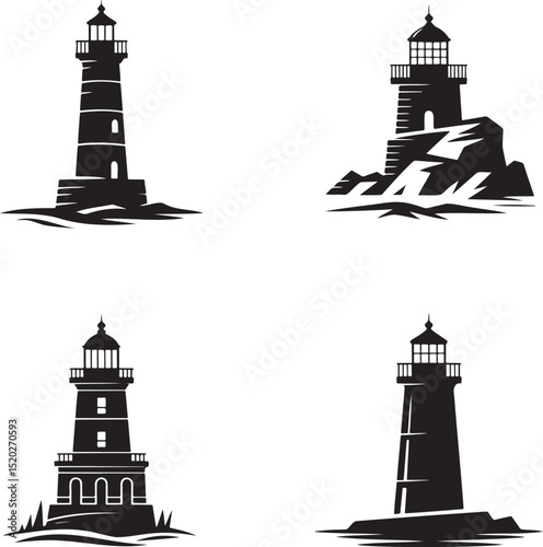 Lighthouse silhouette set vector illustration isolated On Transparent Background