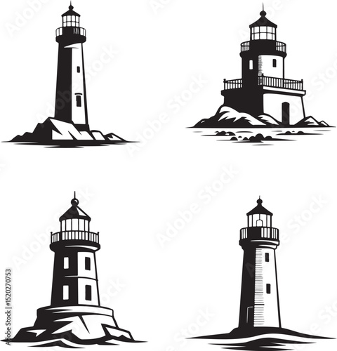 Lighthouse silhouette set vector illustration isolated On Transparent Background