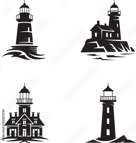 Lighthouse silhouette set vector illustration isolated On Transparent Background