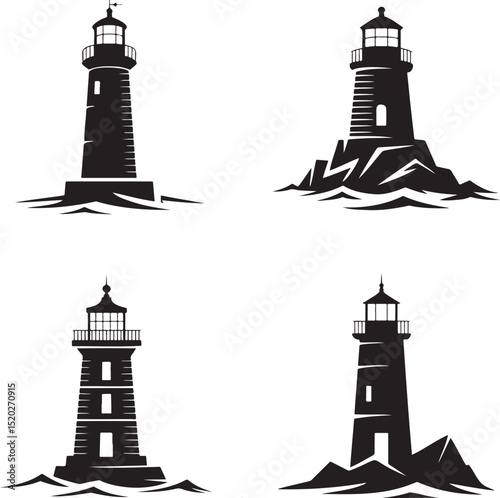 Lighthouse silhouette set vector illustration isolated On Transparent Background