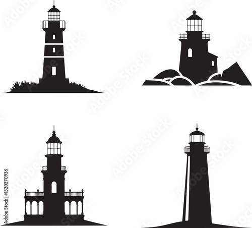 Lighthouse silhouette set vector illustration isolated On Transparent Background