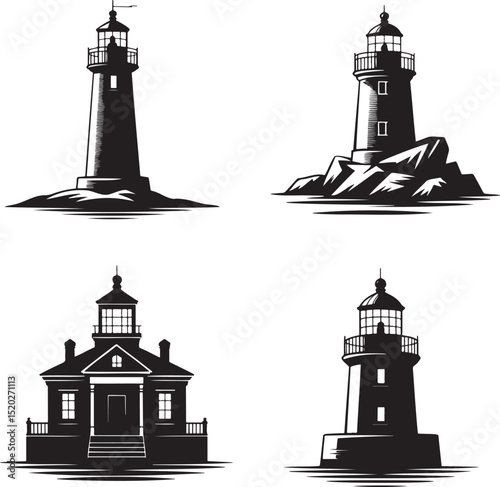 Lighthouse silhouette set vector illustration isolated On Transparent Background