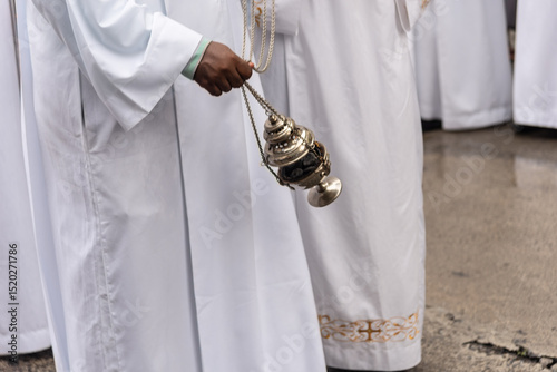 Canvas Print View of Catholic priests participating in the Palm Sunday procession