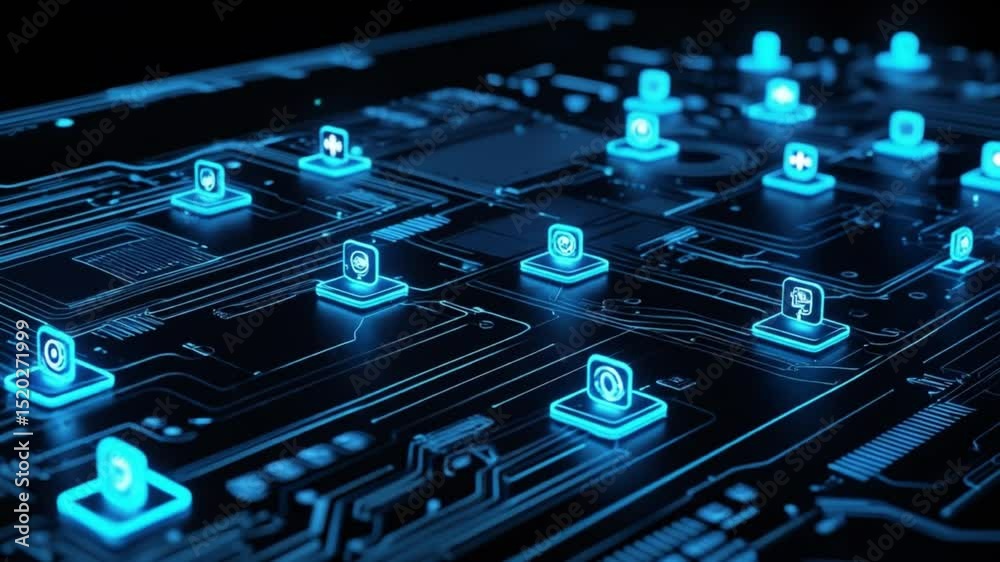A closeup of a blue computer motherboard with electronic circuits and chips
