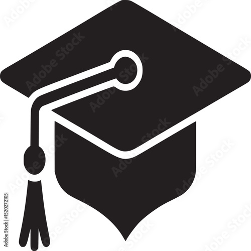 A simple black graduation cap icon with a tassel on a white background in a square format image