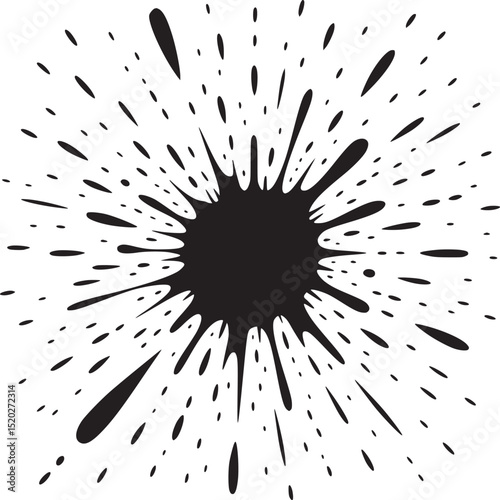 An abstract black ink blot with splatters on a white background creating a dynamic and artistic design