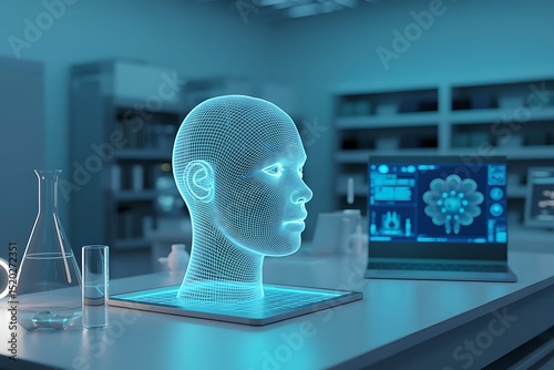 Futuristic ai head interface in a modern laboratory setting with digital screens