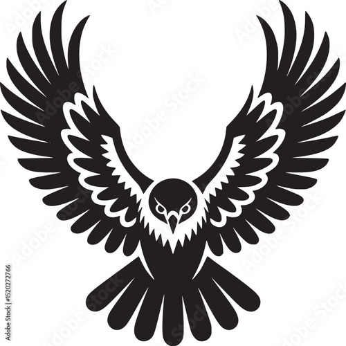 A stylized black and white illustration of an eagle with its wings spread wide open on a white background