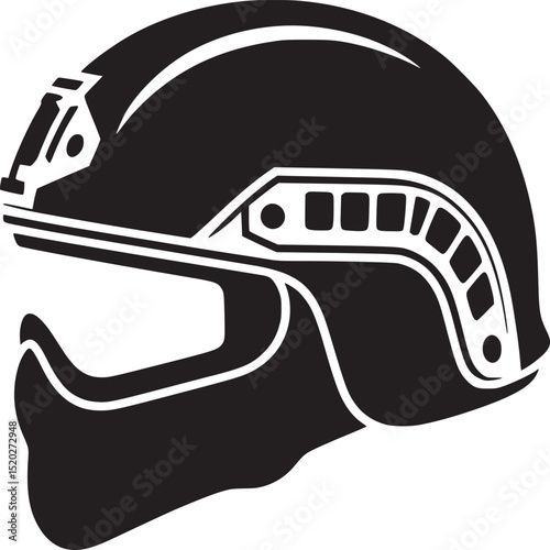 Black and white graphic illustration of a tactical helmet with a face covering on a white background