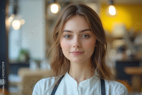 Friendly Barista Smiling in Warm Cafe Environment. Young Woman in Coffee Shop with Modern Decor and Cozy Atmosphere in Portrait Mode